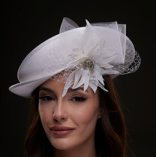 White Bridal Hat with Sculpted Flower - Glamourous Grace