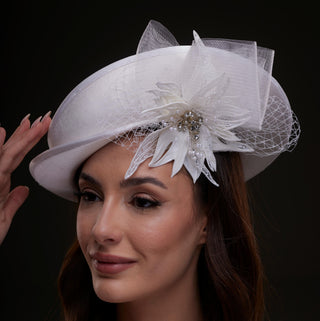 White Bridal Hat with Sculpted Flower - Glamourous Grace