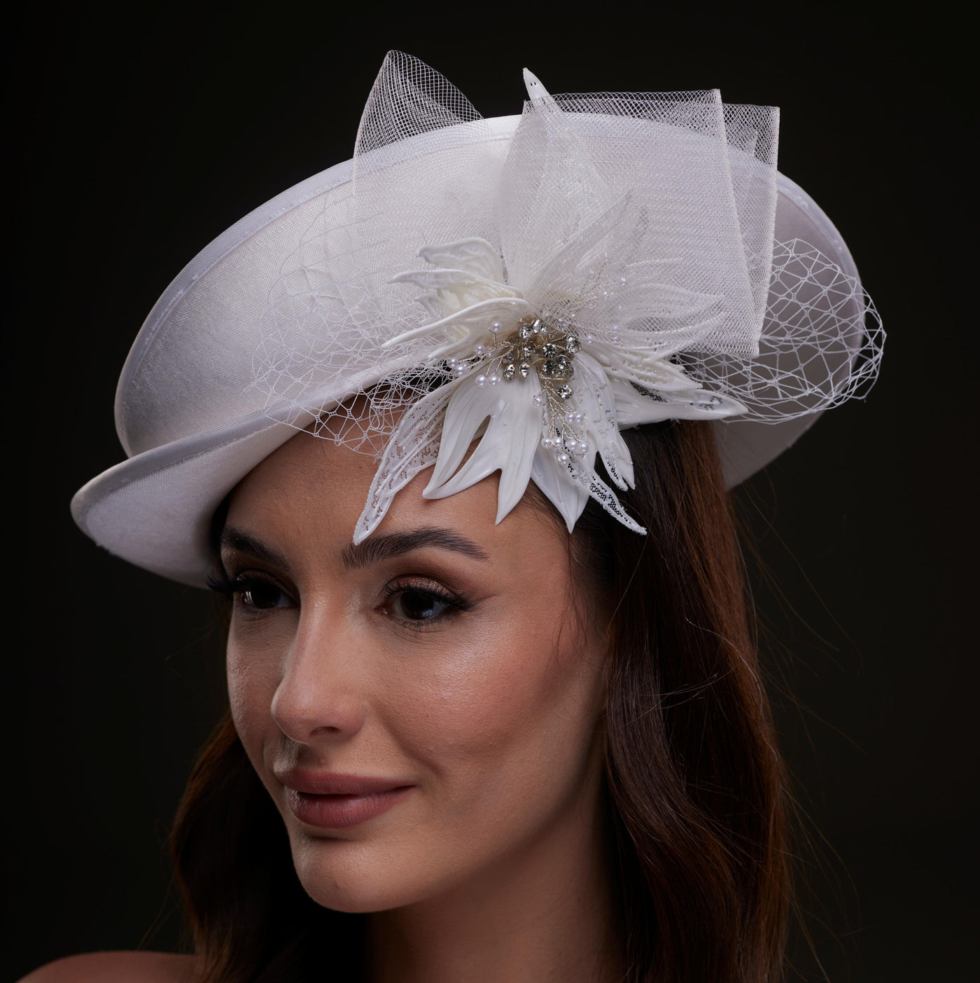 White Bridal Hat with Sculpted Flower - Glamourous Grace