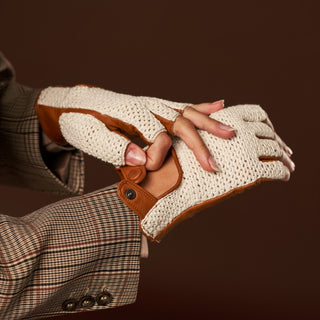 Daniella (cognac) - Hand-sewn Italian crochet driving gloves from lambskin leather - Glamourous Grace