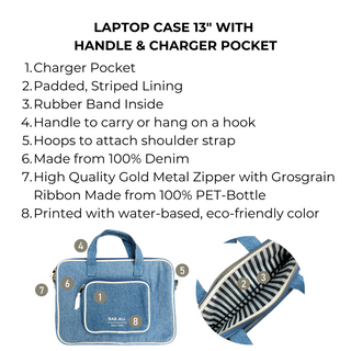 Laptop Case 13", Handle & Charger Pocket – Denim - Glamourous Grace