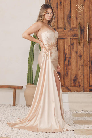 Nox Anabel E1239 Floor Length Satin Gown Side Sash with Leg Slit - Glamourous Grace