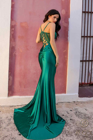 Nox Anabel E1292 Long Satin Fitted Corset Beaded Bodice Formal Gown - Glamourous Grace
