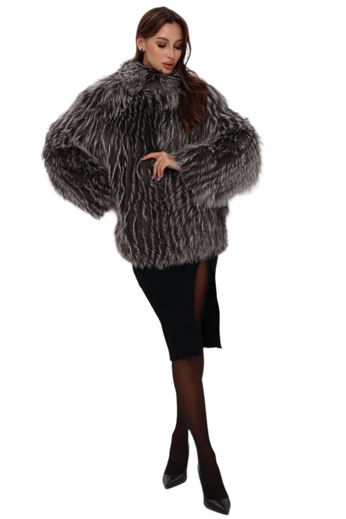 Reversible Genuine Silver Fox  Down Fill Coat in Grey