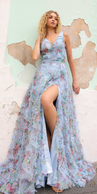 Nox Anabel E1445 Long A-Line V-Neck Floral Print Evening Gown - Glamourous Grace