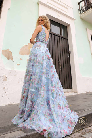 Nox Anabel E1445 Long A-Line V-Neck Floral Print Evening Gown - Glamourous Grace