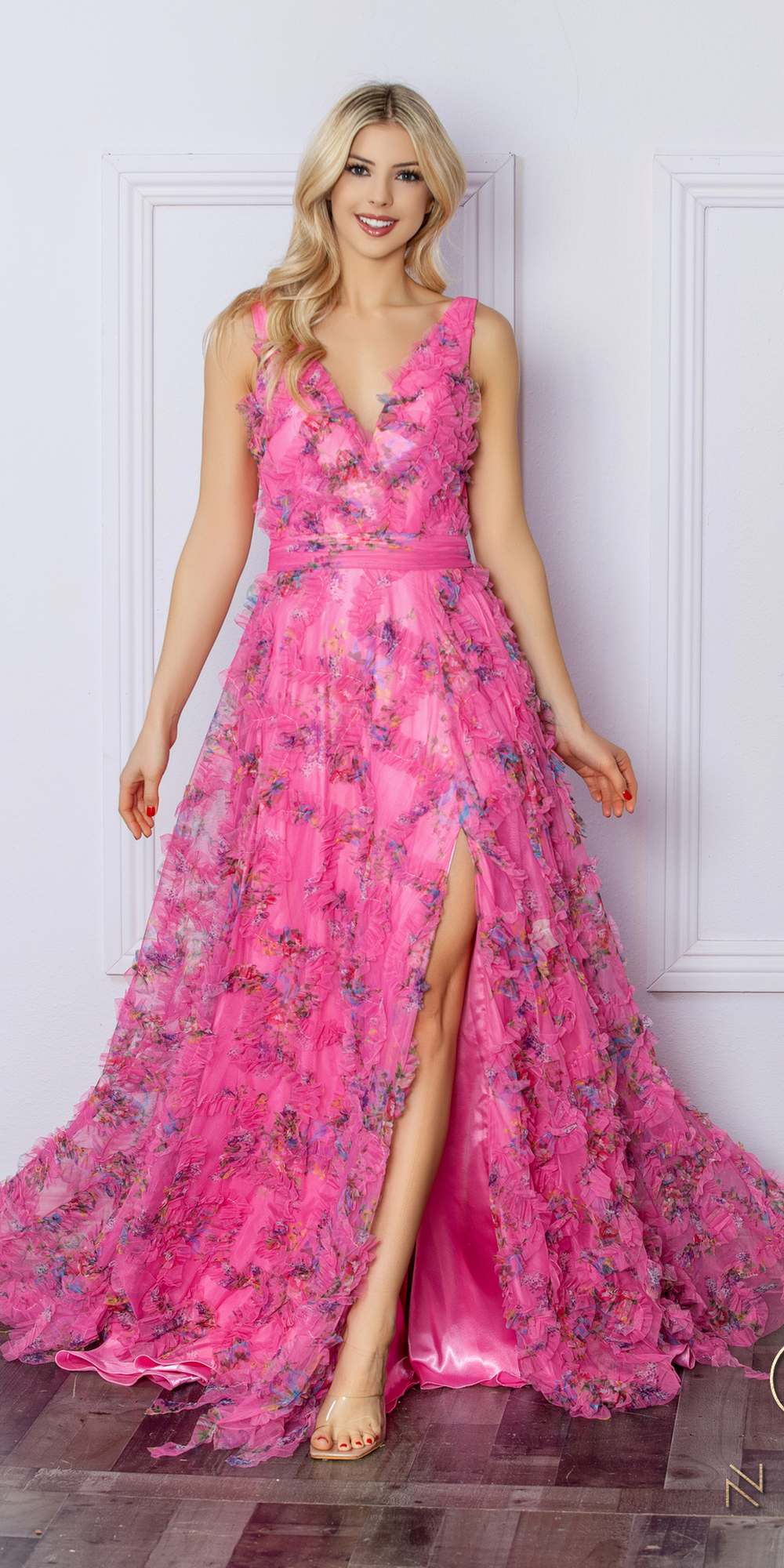Nox Anabel E1445 Long A-Line V-Neck Floral Print Evening Gown - Glamourous Grace