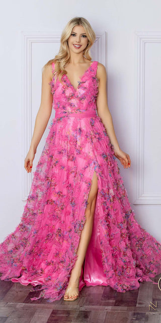 Nox Anabel E1445 Long A-Line V-Neck Floral Print Evening Gown - Glamourous Grace