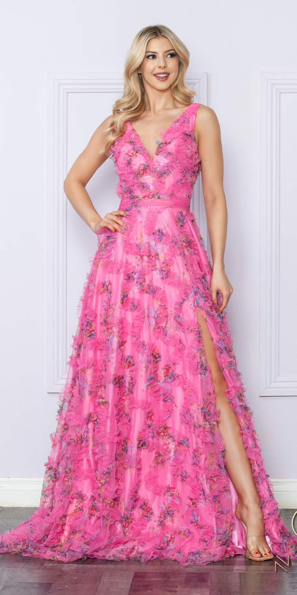 Nox Anabel E1445 Long A-Line V-Neck Floral Print Evening Gown - Glamourous Grace