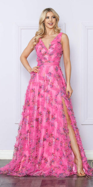Nox Anabel E1445 Long A-Line V-Neck Floral Print Evening Gown - Glamourous Grace