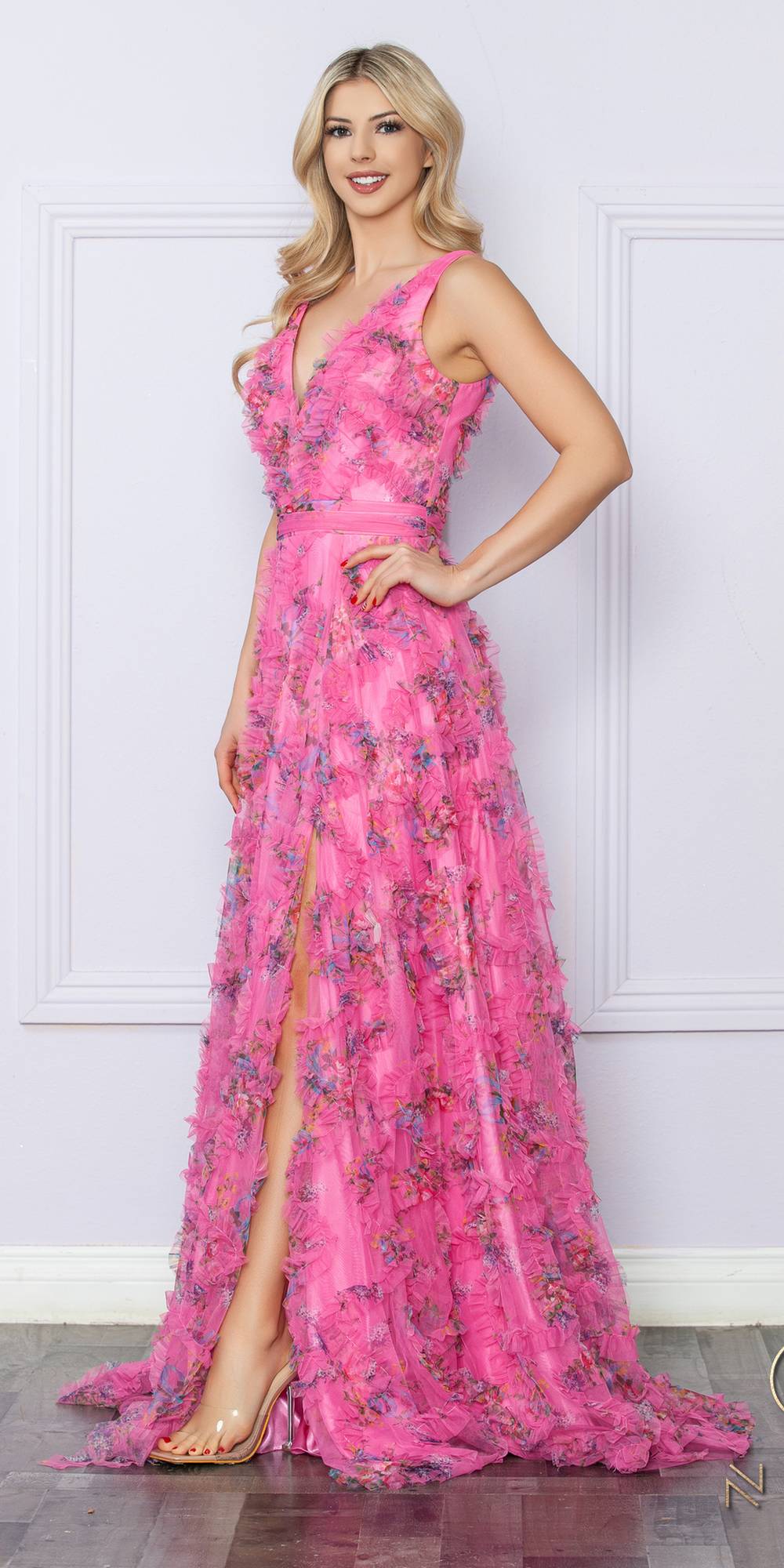 Nox Anabel E1445 Long A-Line V-Neck Floral Print Evening Gown - Glamourous Grace