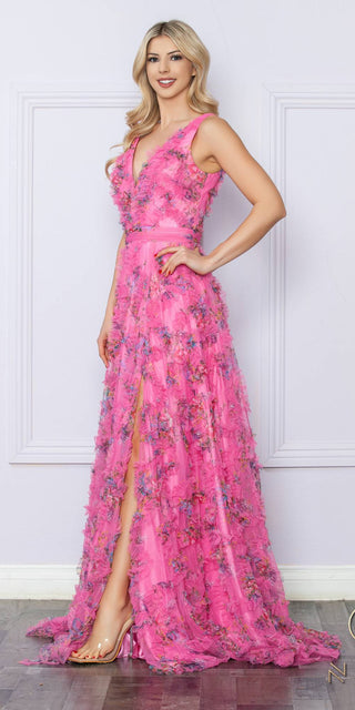 Nox Anabel E1445 Long A-Line V-Neck Floral Print Evening Gown - Glamourous Grace