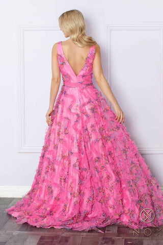Nox Anabel E1445 Long A-Line V-Neck Floral Print Evening Gown - Glamourous Grace