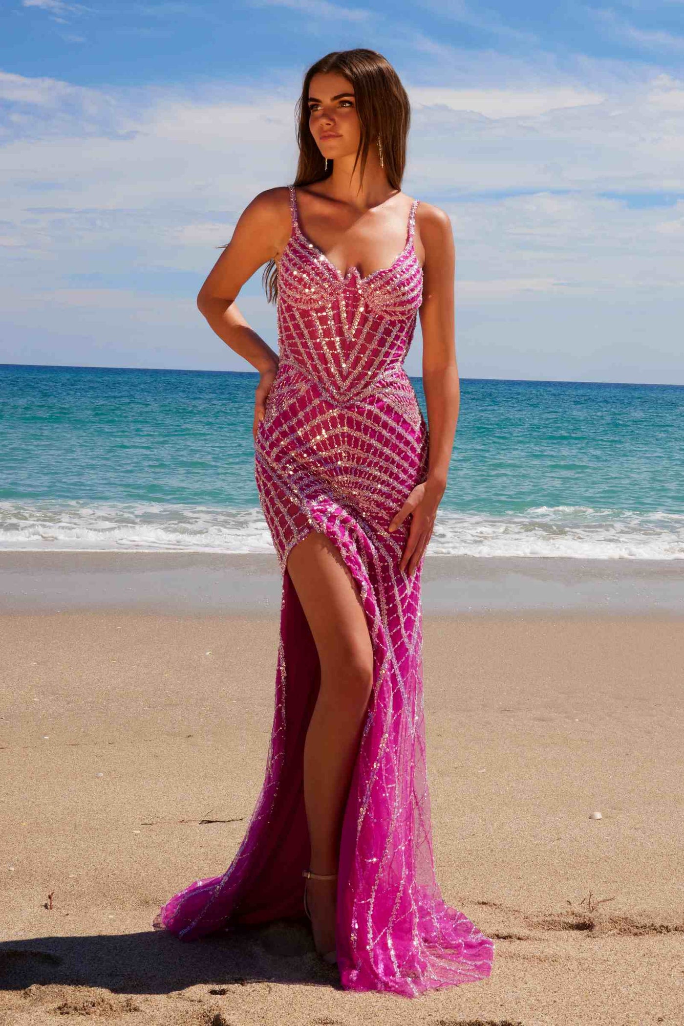 Nox Anabel E1531 Long Dress Fully Beaded Applique V-Neckline - Glamourous Grace