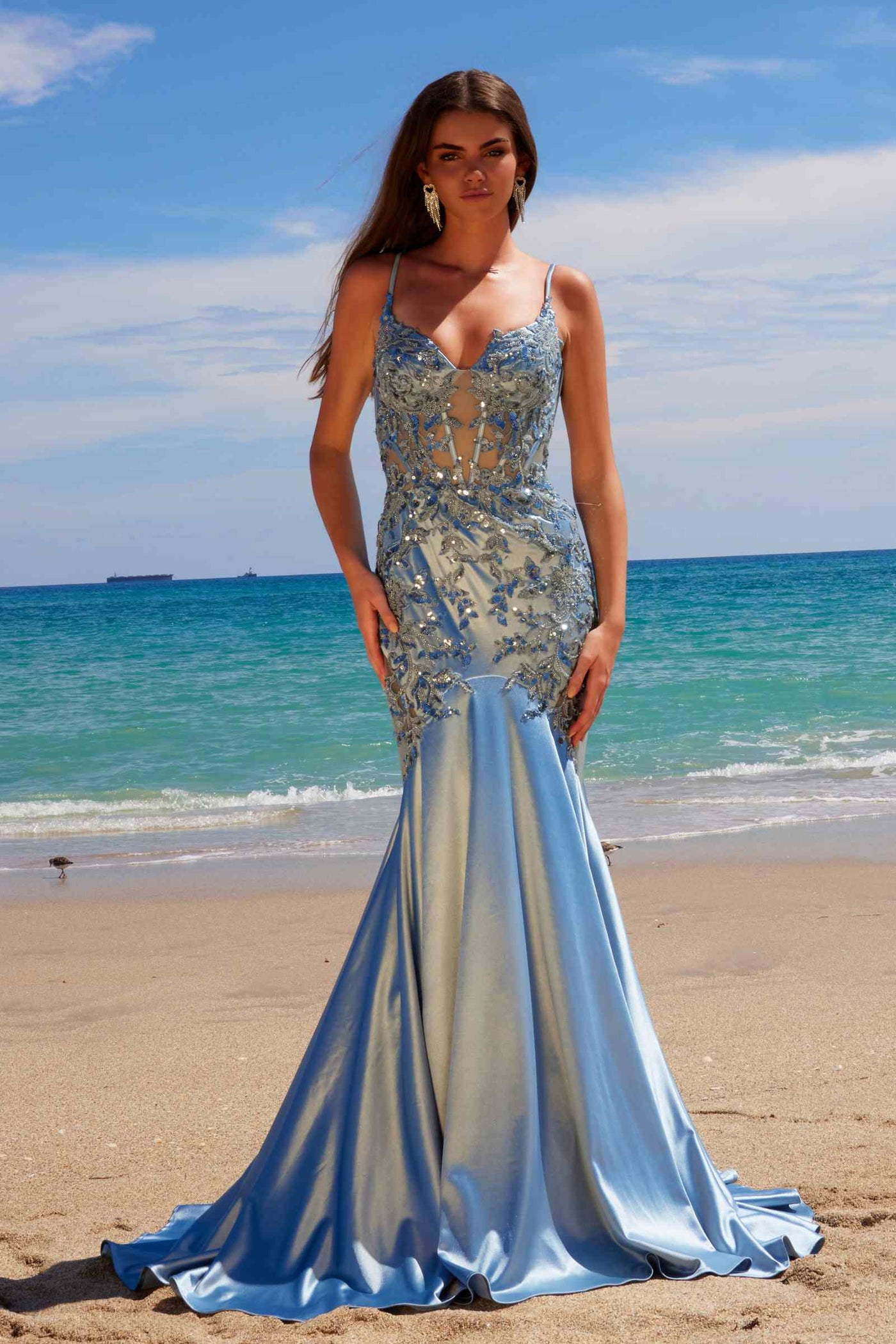 Nox Anabel E1532 Satin Sequin Applique Boned Waist Mermaid Dress - Glamourous Grace
