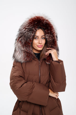 Tyler Genuine Silver Fox Down Coat in Chocolate