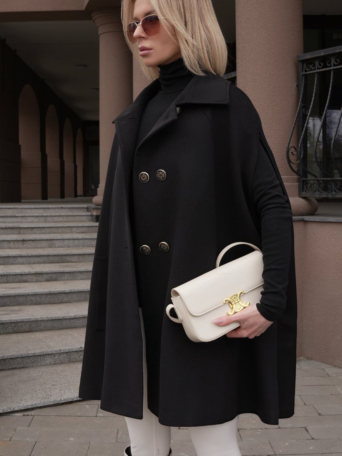 Paris Cashmere Bland Cape Coat in Black