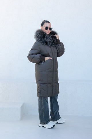Lauren Genuine Fur Trim Down Fill Coat in Tobacco