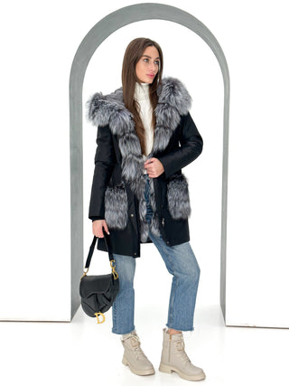 Roma Genuine Silver Fox Fur Rabbit Fur Insulated Parka in Black