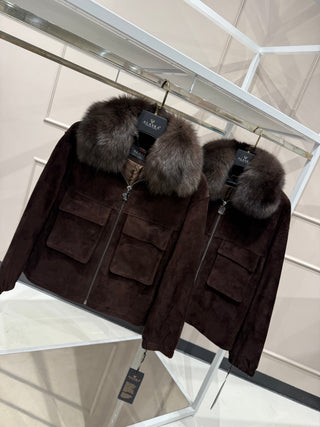 Nebraska Genuine Suede Polar Fox Trim Jacket in Cognac