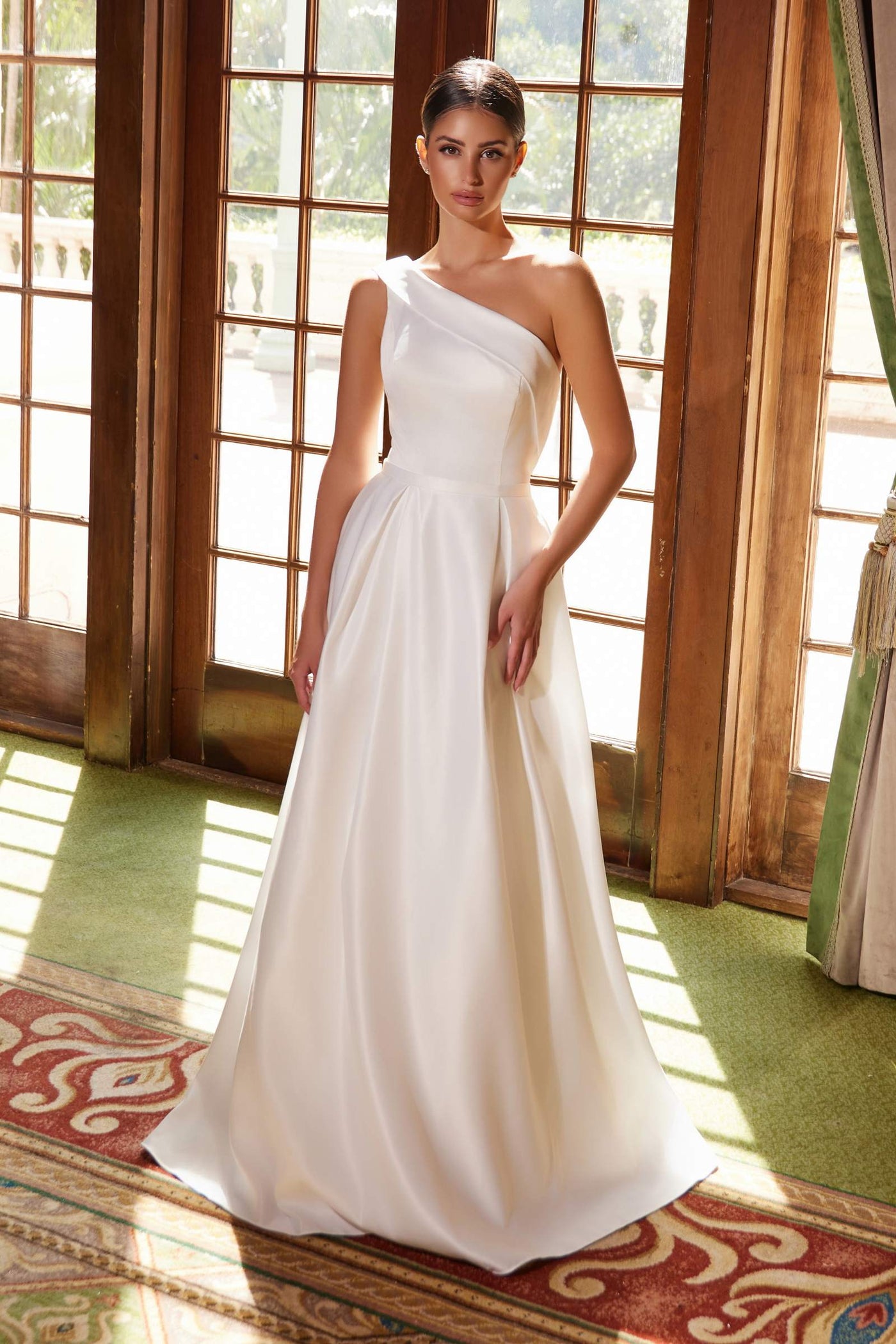 Nox Anabel E469 Elegant One Shoulder Long Satin A-Line Dress - Glamourous Grace