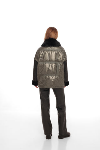 Audrey Genuine Lamb Leather Fox Fur Down Coat in Olive