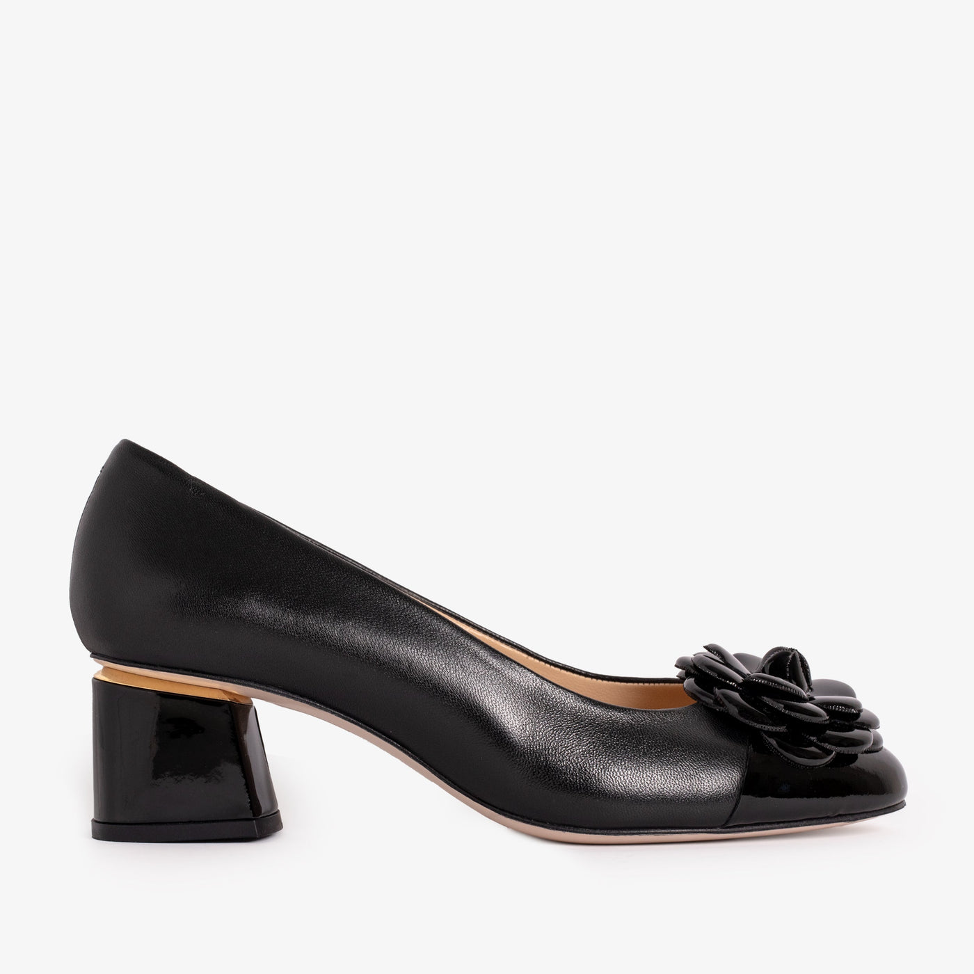 The Diva Black Leather Cap Toe Block Heel Pump Women Shoe - Glamourous Grace