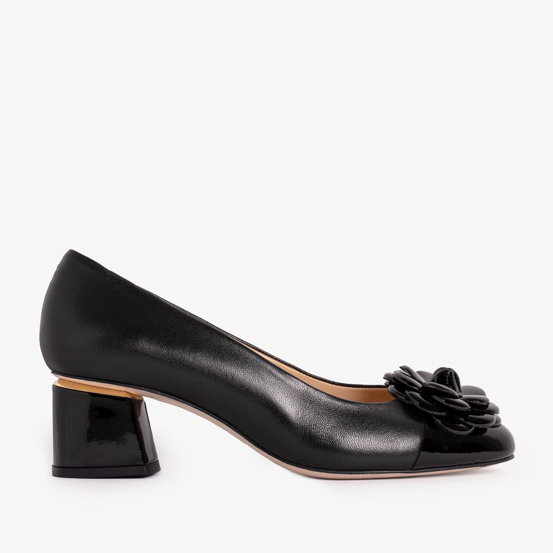 The Diva Black Leather Cap Toe Block Heel Pump Women Shoe - Glamourous Grace