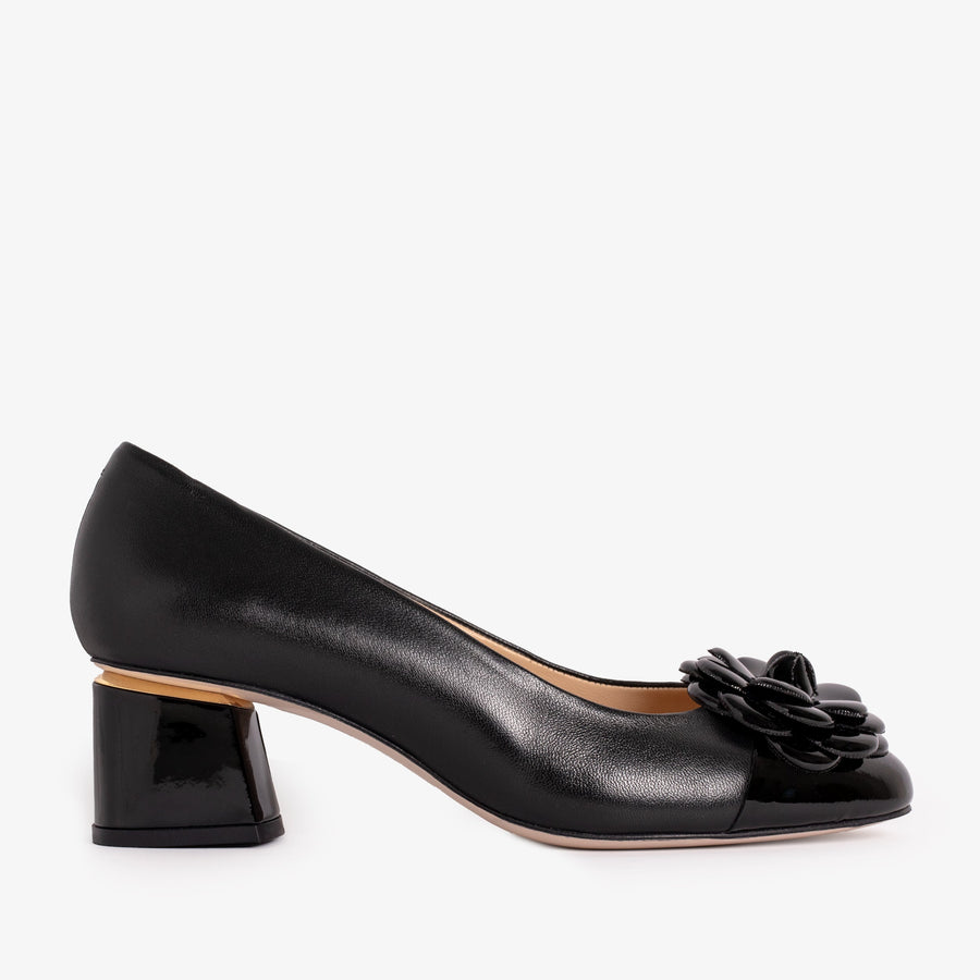 The Diva Black Leather Cap Toe Block Heel Pump Women Shoe - Glamourous Grace