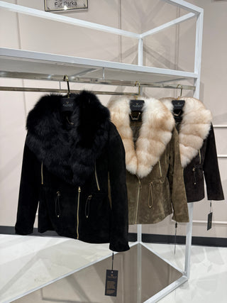 Vivienne Genuine Suede Polar Fox Trim Coat in Black
