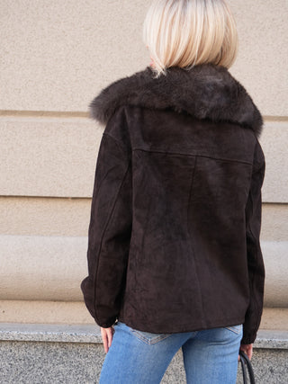 Nebraska Genuine Suede Polar Fox Trim Jacket in Cognac