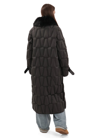 Riley Genuine Fur Trim Down Fill Coat in Black