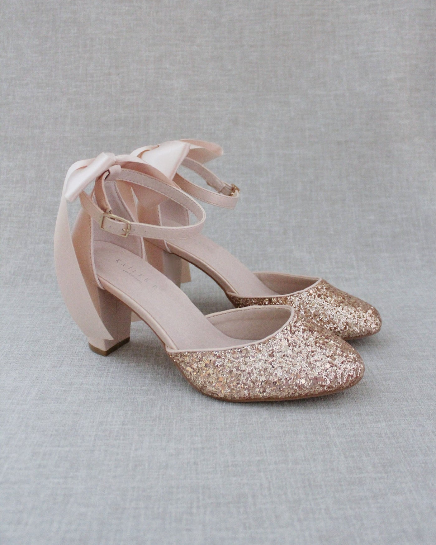Rock Glitter Block Heel with Blush Satin Back Bow - Glamourous Grace