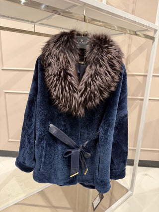 Calabria Genuine Astrakhan Silver Fox Trim Coat