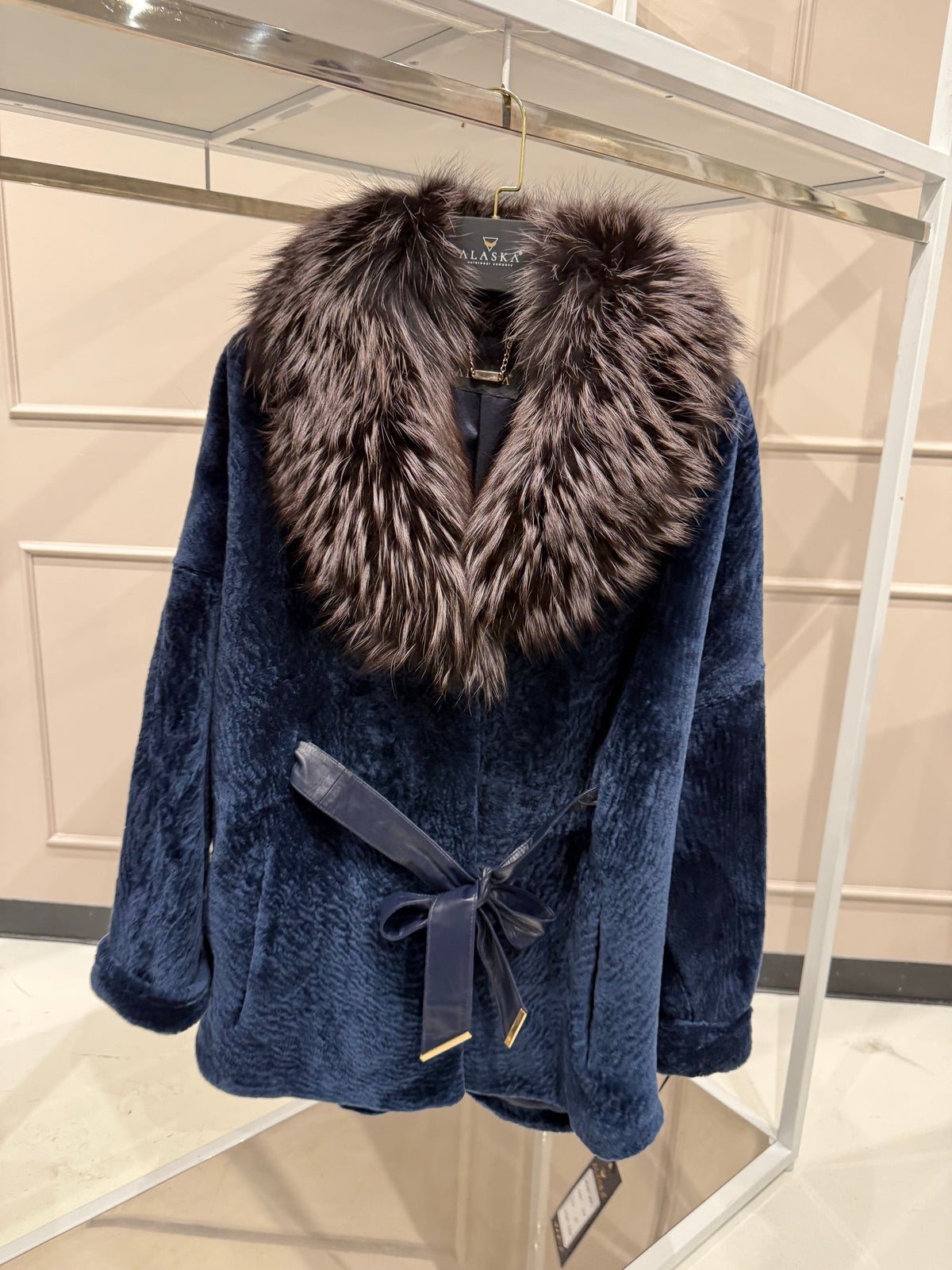 Calabria Genuine Astrakhan Silver Fox Trim Coat