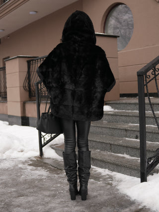 Genuine Scandinavian Mink Fur Poncho with Fully Lined Mink Hood