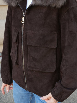 Nebraska Genuine Suede Polar Fox Trim Jacket in Cognac