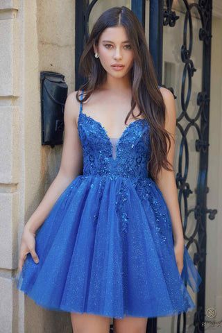 Nox Anabel E902 Short A-Line Applique Sleeveless Homecoming Dress - Glamourous Grace