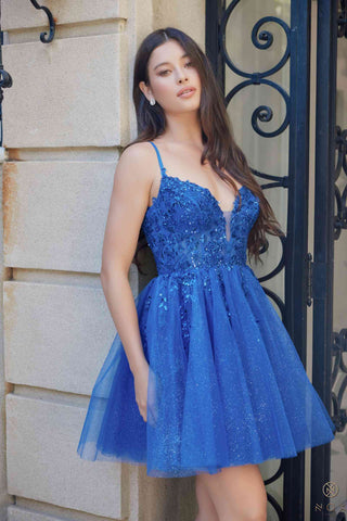 Nox Anabel E902 Short A-Line Applique Sleeveless Homecoming Dress - Glamourous Grace