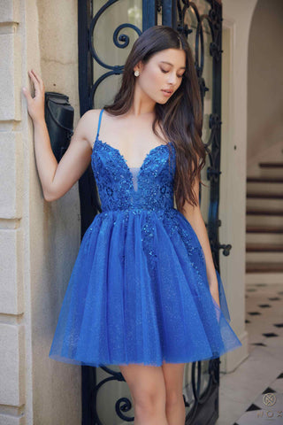 Nox Anabel E902 Short A-Line Applique Sleeveless Homecoming Dress - Glamourous Grace