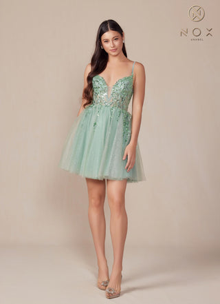 Nox Anabel E902 Short A-Line Applique Sleeveless Homecoming Dress - Glamourous Grace