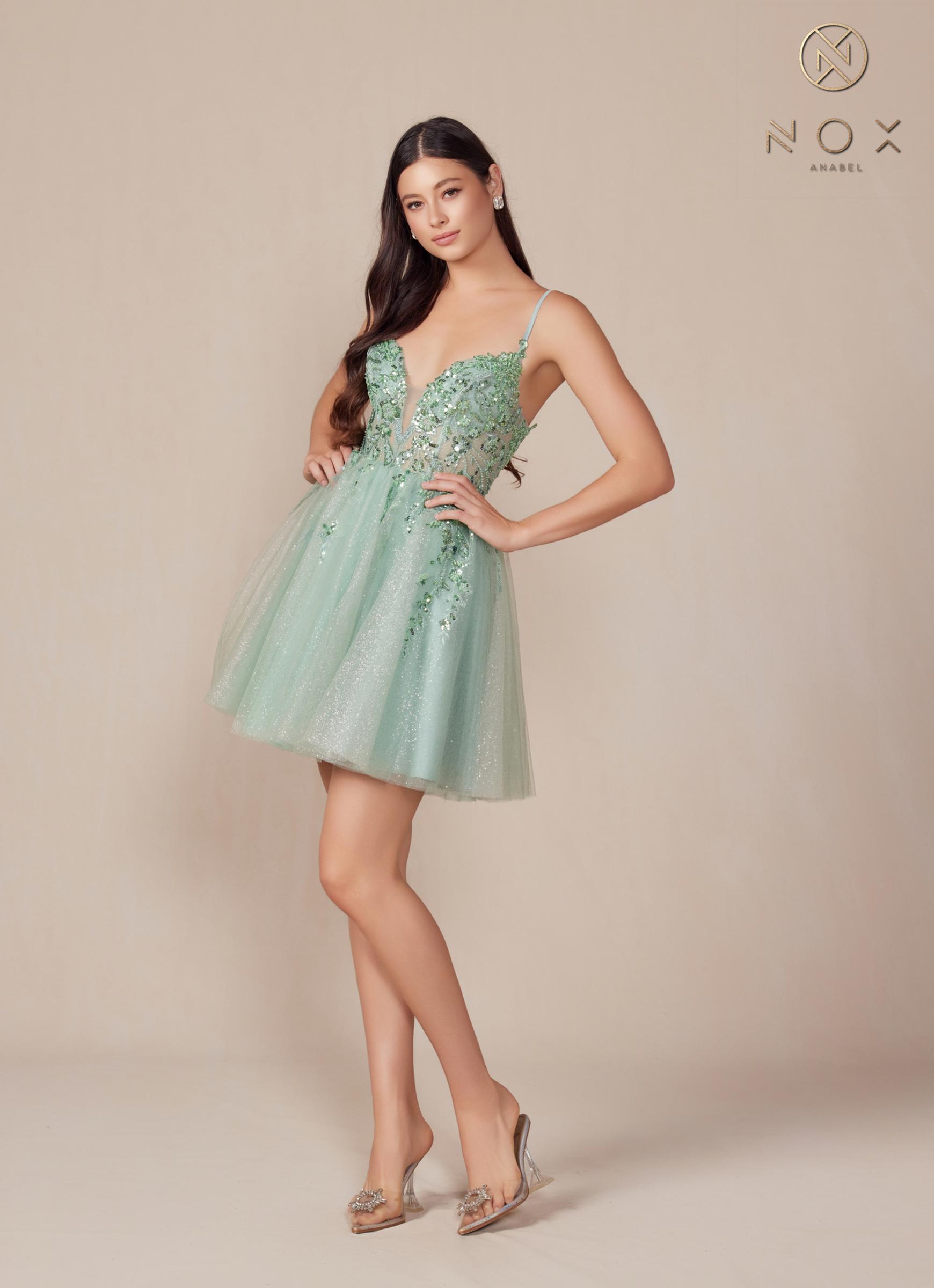Nox Anabel E902 Short A-Line Applique Sleeveless Homecoming Dress - Glamourous Grace