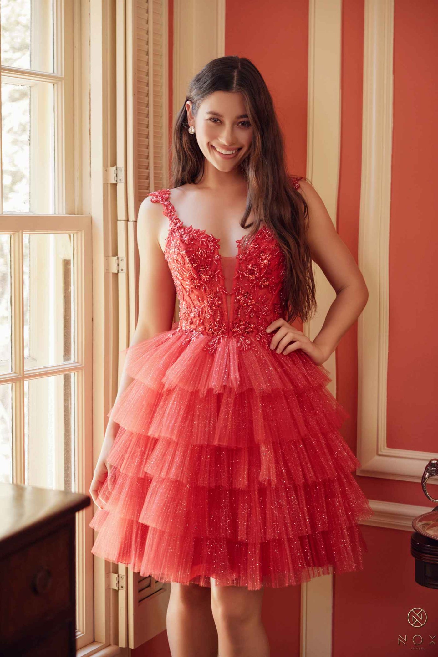 Nox Anabel E904 Short Tiered Ruffled A-Line Gown - Glamourous Grace