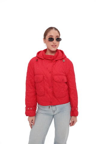 Studded Light Demi-Season Hooded Cropped Jacket in Red