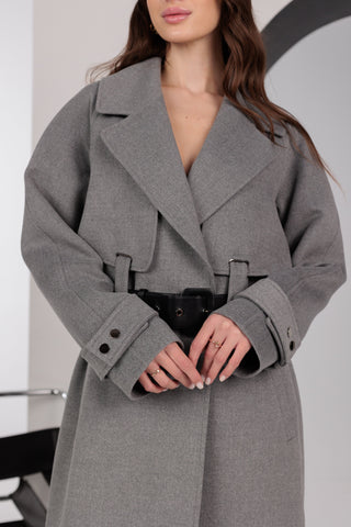 Karina Belted Wool Cashmere Blend Overcoat in Grey