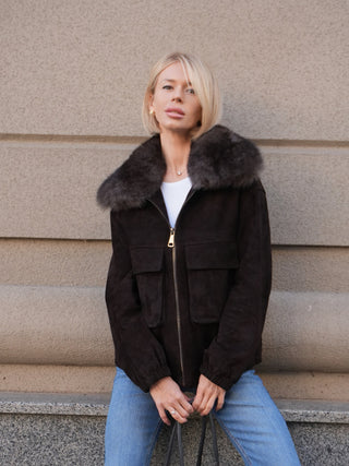 Nebraska Genuine Suede Polar Fox Trim Jacket in Cognac