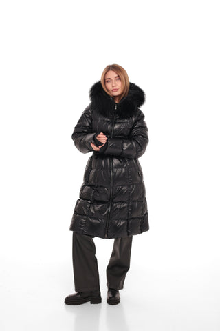 Cyrus Genuine Fur Trim Down Fill Coat in Black