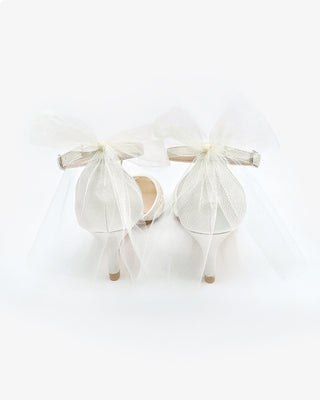 Crochet Lace Pointy Toe Wedding Kitten Low Heel with Tulle Back Bow