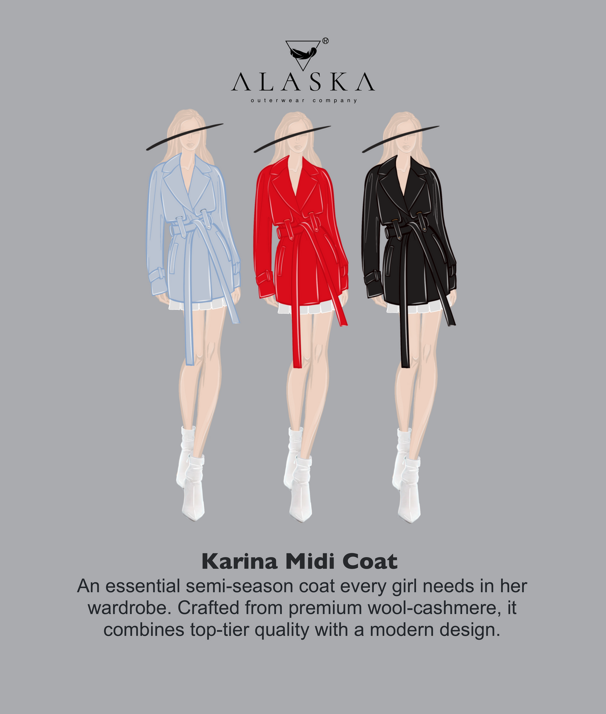Karina Midi Belted Wool Cashmere Blend Overcoat in Sky Blue