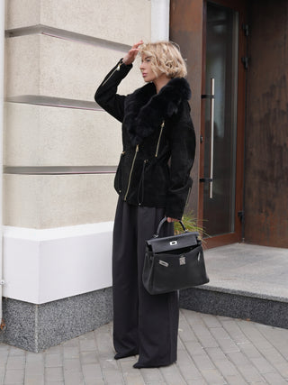 Vivienne Genuine Suede Polar Fox Trim Coat in Black